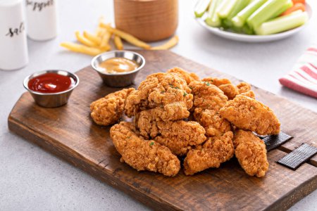 Fried chicken tenders or strips served with ketchup and fries
