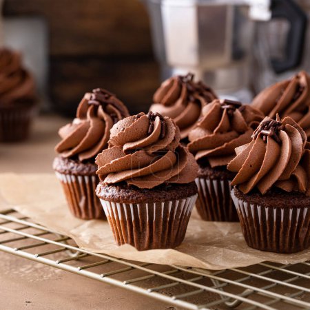 Téléchargez les photos : Dark chocolate mini cupcakes with chocolate ganache frosting and sprinkles - en image libre de droit