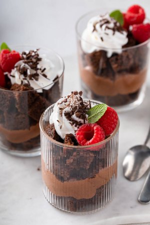 Téléchargez les photos : Trifle ou parfait au chocolat avec framboise, mousse au chocolat et crème fouettée - en image libre de droit