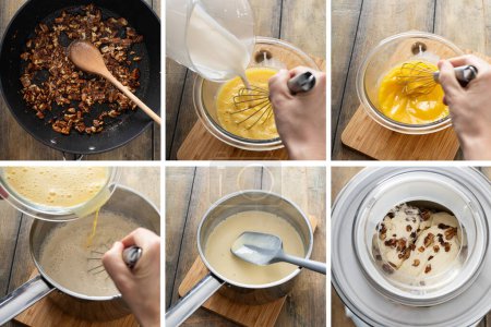 Téléchargez les photos : Faire des rayures de fron de crème glacée au beurre de pacane, des prises de vue combinées dans un collage - en image libre de droit