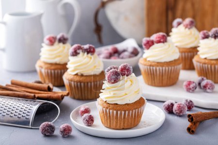 Spiced cinnamon and cranberry cupcakes topped with sugared cranberries, dessert for Christmas or Thanksgiving