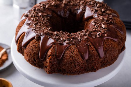 Chocolate bundt cake with chocolate ganache icing, homemade chocolate dessert