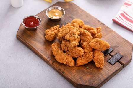 Photo for Chicken nuggets or chicken strips on a board with dipping sauces, fries and celery sticks - Royalty Free Image