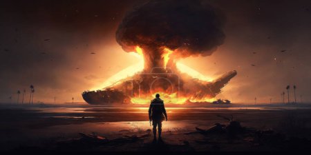 Photo for A lone silhouetted solider stands amidst the night, illuminated by a burning fire and its mesmerizing orange flames from a nuclear bomb. - Royalty Free Image