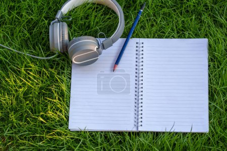 Foto de Open notebook paper page with line on green grass with simulate sunlight background - Imagen libre de derechos