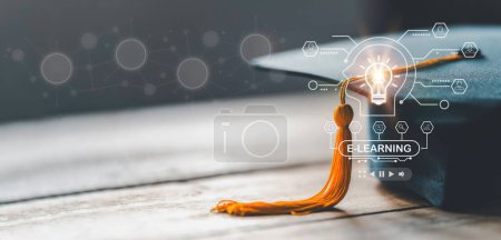 Photo for Education technology concept. EdTech. AI (Artificial Intelligence).Webinar Online Courses. lightbulb showing graduation hat, and education icons. Internet education course degree, Idea of learning online class. - Royalty Free Image