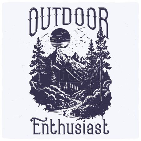 Entwurf eines T-Shirts oder Posters mit einer Abbildung von Wald und Bergen