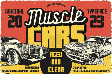 Illustration for Vintage label font duo named Muscle Cars. Original typeface for any your design like posters, t-shirts, logo, labels etc. - Royalty Free Image