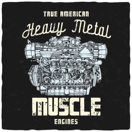 Illustration for A design for a t-shirt or poster featuring an illustration of muscle car engine - Royalty Free Image