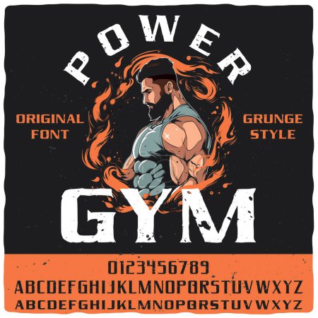 Illustration for Original label font named Power Gym. Strong typeface for any your design like posters, t-shirts, logo, labels etc. - Royalty Free Image