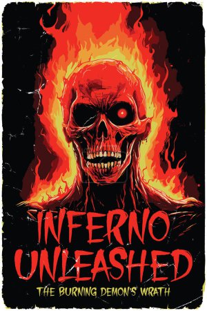 Illustration for Poster design for a fictional 80s horror film called Inferno unleashed: The Burning Demon's Wrath - Royalty Free Image