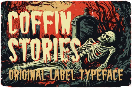 Illustration for Step into the hauntingly nostalgic world of 80s horror films with 'Coffin stories' a meticulously handcrafted font that channels the chilling essence of vintage movie posters. - Royalty Free Image