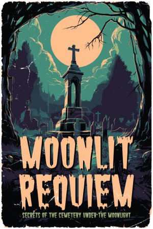 Illustration for Poster design for a fictional 80s horror film called Moonlit requiem: Secrets of the cemetery under the moonlight - Royalty Free Image