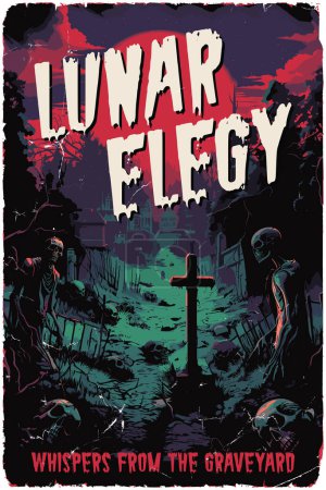 Illustration for Poster design for a fictional 80s horror film called Lunar elegy: Whispers from the graveyard - Royalty Free Image