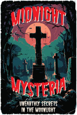 Illustration for Poster design for a fictional 80s horror film called Midnight mysteria: Unearthly secrets in the moonlight - Royalty Free Image
