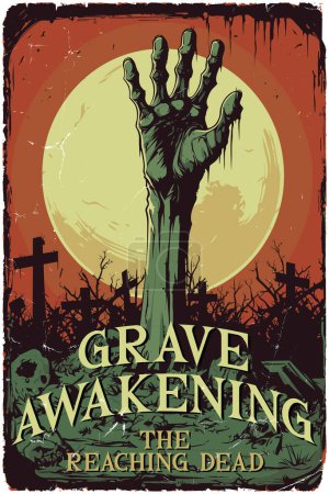 Illustration for Poster design for a fictional 80s horror film called Grave awakening: The reaching dead - Royalty Free Image