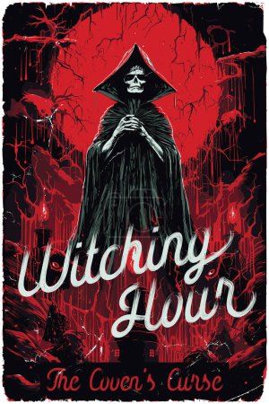 Illustration for Poster design for a fictional 80s horror film called Witching hour: The coven's curse - Royalty Free Image