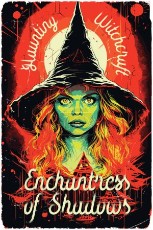 Illustration for Poster design for a fictional 80s horror film called Enchantress of Shadows: Haunting witchcraft - Royalty Free Image