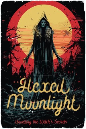 Illustration for Poster design for a fictional 80s horror film called Hexed Moonlight: Unveiling the Witch's secrets - Royalty Free Image