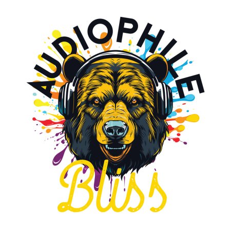 Illustration for T-shirt or poster design with a bear listening to music on headphones - Royalty Free Image