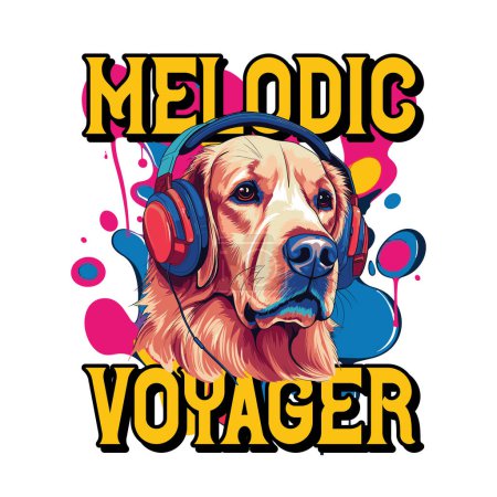 Ilustración de Camiseta o diseño de póster con un recuperador escuchando música en auriculares - Imagen libre de derechos