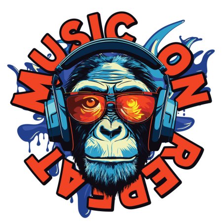 Ilustración de Camiseta o diseño de póster con un mono escuchando música en auriculares - Imagen libre de derechos