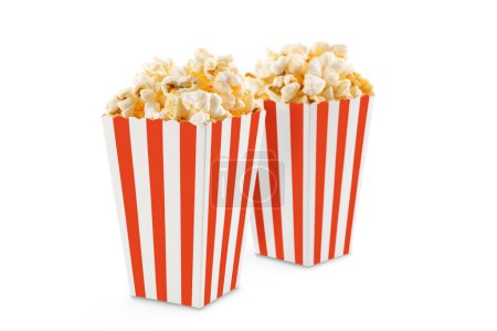 Two red white striped carton buckets with tasty cheese popcorn, isolated on white background. Movies, cinema and entertainment concept.