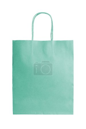 Photo for Blank turquoise craft paper bag for food packaging isolated on white background. Eco friendly shopping bag made from recycled paper, ecology, recycling concept. Mockup, template with copy space - Royalty Free Image