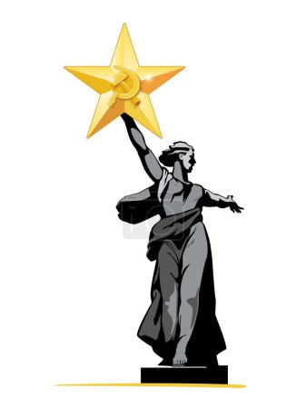 Vector illustration. Poster, sculpture-monument Motherland is calling. Happy Victory Day! World War II 1941-1945, Gold Star medal, Hero of Socialist Labor "Hammer and Sickle" USSR. Battle of Stalingrad, magazine, achievement, memorial, George,clipart