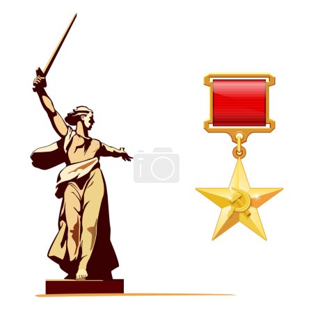 Illustration for May 9th. Happy Victory Day! Patriotic War, World War II, 1941-1945, Gold Star Hero Medal, gold star. The highest award. Battle of Stalingrad, Sculpture, Motherland is calling. Vector illustration, magazine, achievement, memorial, George, clip art - Royalty Free Image