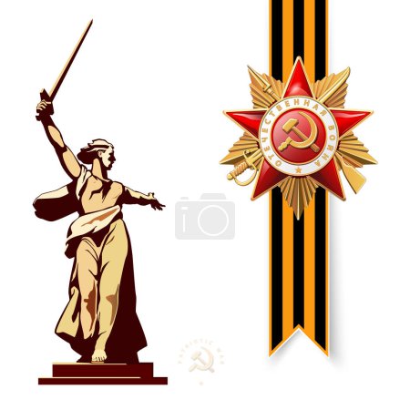 May 9th. Happy Victory Day! Order of the Patriotic War gold star, St. George's ribbon. Translation of Russian inscriptions: Battle of Stalingrad, Sculpture, motherland is calling. Vector illustration, magazine, achievement, memorial, George, clip art