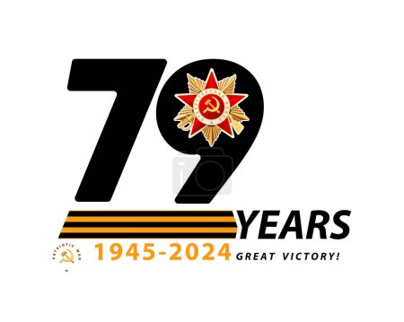 May 9, marks the 79th anniversary, Great Victory. 1945-2024. Order of the First Class Patriotic War. Red Star, written in English: World War II. Russian holiday. St. George ribbon. vector Illustration, George, flyer, magazine, achievement, clip art,