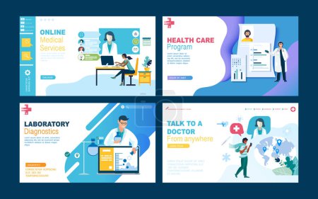 Set of web page design templates for online medical support, health care, laboratory, medical services. People, medical workers. Vector illustration concepts for website and mobile website development, magazine, achievement, clip art, infographic,