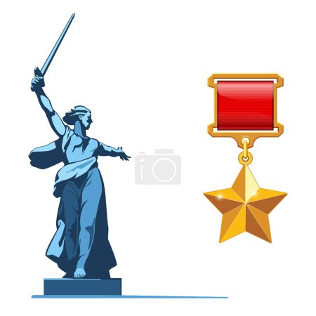 May 9th. Happy Victory Day! Patriotic War, World War II, 1941-1945, Gold Star Hero Medal, gold star. The highest award. Battle of Stalingrad, Sculpture, Motherland is calling. Vector illustration, magazine, achievement, clip art, infographic, flyer