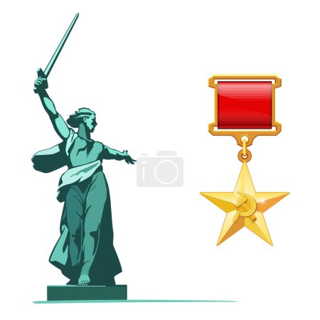 Illustration for May 9th. Happy Victory Day! World War II, 1941-1945, Gold Star Hero Medal, Hero of Socialist Labor "Hammer and Sickle" USSR. Battle of Stalingrad, Sculpture, Motherland is calling. Vector illustration, magazine, achievement, clip art, infographic - Royalty Free Image