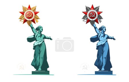Vector illustration. Sculpture-monument Motherland is calling. May 9th. Happy Victory Day! Order of the Patriotic War 1st and 2nd degrees. Translation of Russian inscriptions: Battle of Stalingrad, flyer, magazine, achievement, clip art, infographic