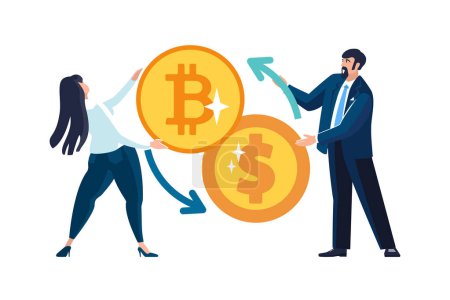 Vector illustrations. Financial transactions, penny transfers, banking transactions, gold coins, exchange between dollar and bitcoin. Business, businessman, business people, Europeans, team work, flyer, magazine, achievement, clip art, infographic