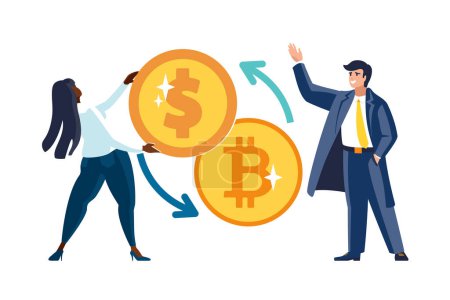 Vector illustrations. Financial transactions, penny transfers, banking transactions, gold coins, exchange between dollar and bitcoin. Business, businessman, people, African-American woman, team work, European, achievement, clip art, infographic