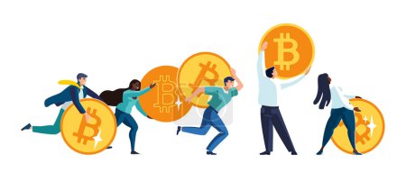 Vector illustration. International business people carrying bitcoin cryptocurrency market investment, Europeans and Africans, African Americans. Gold coins, businessmen, girls. Business for financing, flyer magazine achievement, clip art, infographic