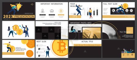 Vector illustration. Set, powerpoint, business presentations, currency circulation, buying bitcoin, saving. Infographic design template, yellow black elements. Team of people creates a business, teamwork flyer, magazine, achievement, art, infographic