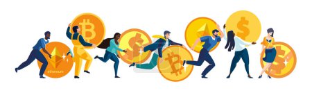 Vector illustration. International business people investing in bitcoin, ethereum, dollar cryptocurrency market Europeans and African Americans. Gold coins, businessmen, girls.Business for financing flyer, magazine, achievement, clip art, infographic