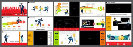 Business presentation, powerpoint, infographic design template colorful, black elements, white background. Start a business. A team of people creates a business. Financial work. Use of flyers, job, flyer, magazine, achievement, clip art, infographic