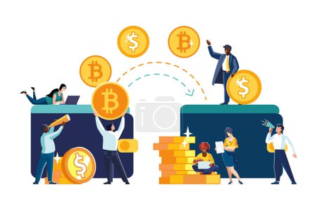 Vector illustrations. Financial transactions, penny transfers, banking transactions, great deals with coins, dollars and bitcoin. Business, ethnic people, African Americans, teamwork. Currency exchange, flyer, magazine, achievement, art, infographic