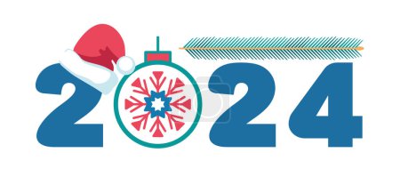 2024. Happy New Year 2024. Happy New Year blue red numbers 2024, Santa's hat, fir branch. Merry Christmas, banner, flyer. Christmas toys. Elements for calendar and greeting cards.Vector illustration flyer, magazine, achievement, clip art, infographic