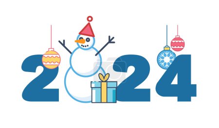 Vector illustration. 2024. Happy New Year. Snowman with Christmas gifts. Concept of new year 2024 banner. Blue numbers design. Poster, flyer, pattern. Festive poster. Elements for calendar, greetings flyer, magazine achievement, clip art, infographic