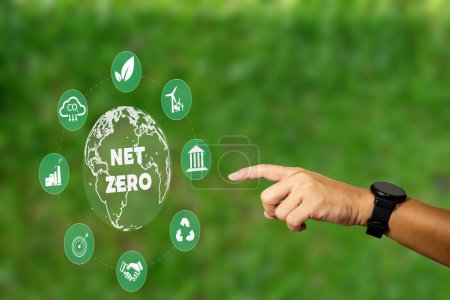 Hand mit Netto-Null-Umwelt-Symbole CO2-Emissionsreduktion Symbole globale Erwärmung nachhaltige Entwicklung und grüne Unternehmen erneuerbare Energien sauberes und freundliches Umweltkonzept.
