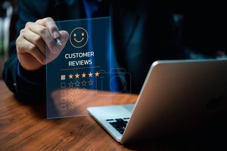 Photo for Businessmen give satisfaction in service choosing on the happy Smile face icon to , Customer service and Satisfaction concept, rating very impressed. review, feedback, best quality. - Royalty Free Image