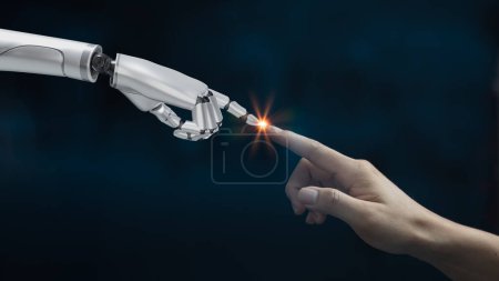 Main humain doigt toucher cyborg robot blanc rendu 3d.