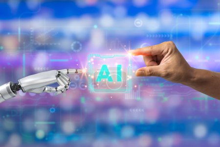 Foto de Robot tocando inteligencia artificial AI con hombre de negocios en segundo plano. innovación futurista tecnología cibernética moderna. - Imagen libre de derechos