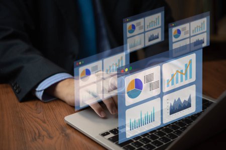 Photo for Person using computer big data analysis dashboard on virtual screen. Business graph and chart report financial and information marketing plan strategy success concept. - Royalty Free Image